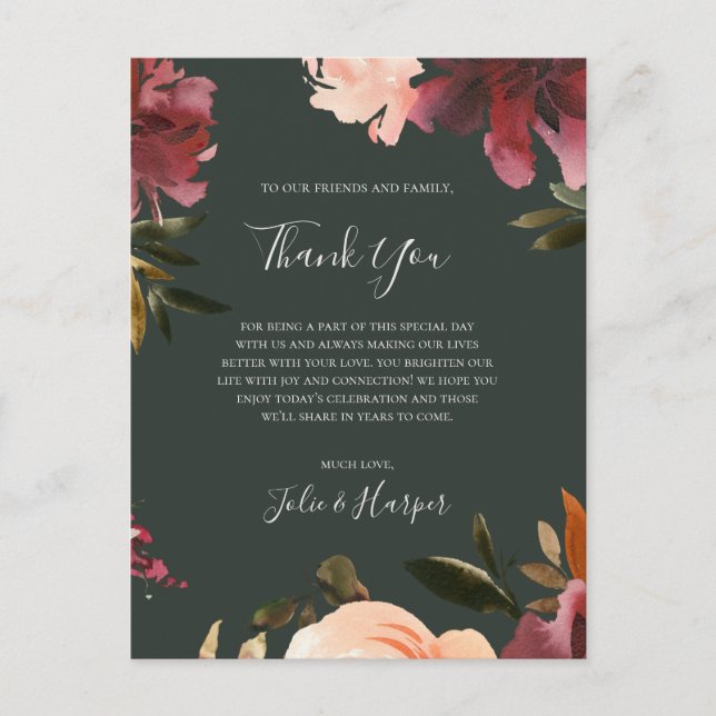 Burgundy Floral | Green Thank You Reception Card (Front)