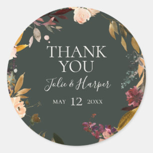 Burgundy Floral   Green Thank You Wedding Favour Classic Round Sticker