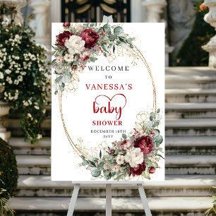 Burgundy Floral Greenery Baby Shower Welcome Poster