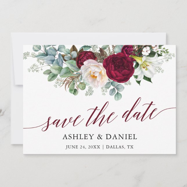 Burgundy Floral Greenery Calligraphy Save The Date (Front)