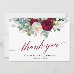 Burgundy Floral Greenery Calligraphy Wedding Thank You Card