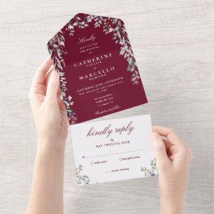 Burgundy Floral Greenery Cascade Wedding All In One Invitation
