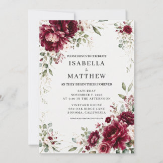 Burgundy Floral Greenery Elegant Wedding Invitation