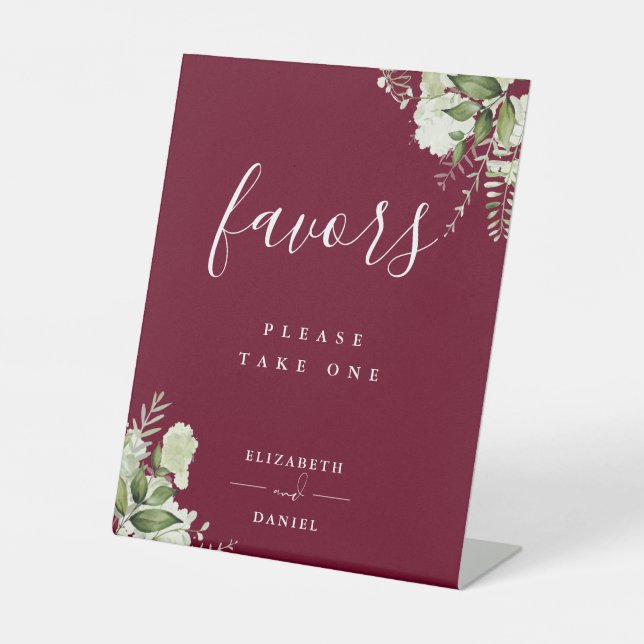 Burgundy Floral Greenery Favors Table Pedestal Sign (Front)