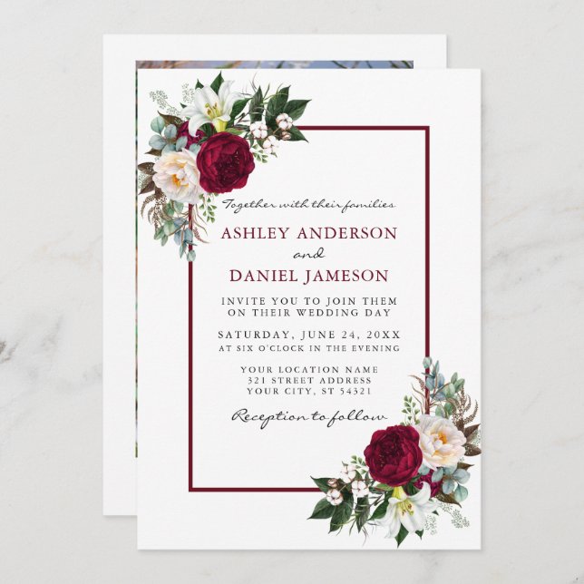 Burgundy Floral Greenery Framed Photo Wedding Invitation (Front/Back)