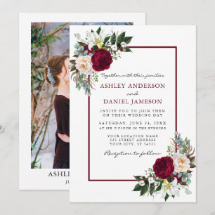 Burgundy Floral Greenery Framed Photo Wedding Invitation