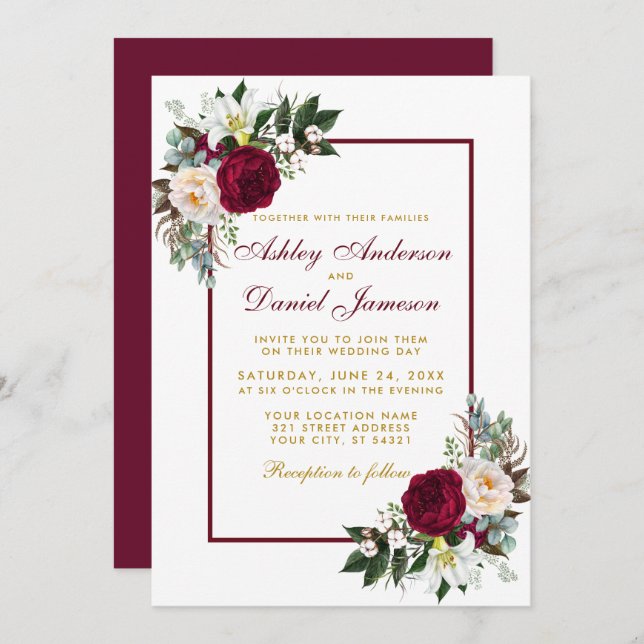 Burgundy Floral Greenery Framed Wedding Gold Invitation (Front/Back)