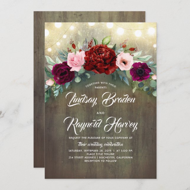 Burgundy Floral Greenery Garland Rustic Wedding Invitation (Front/Back)
