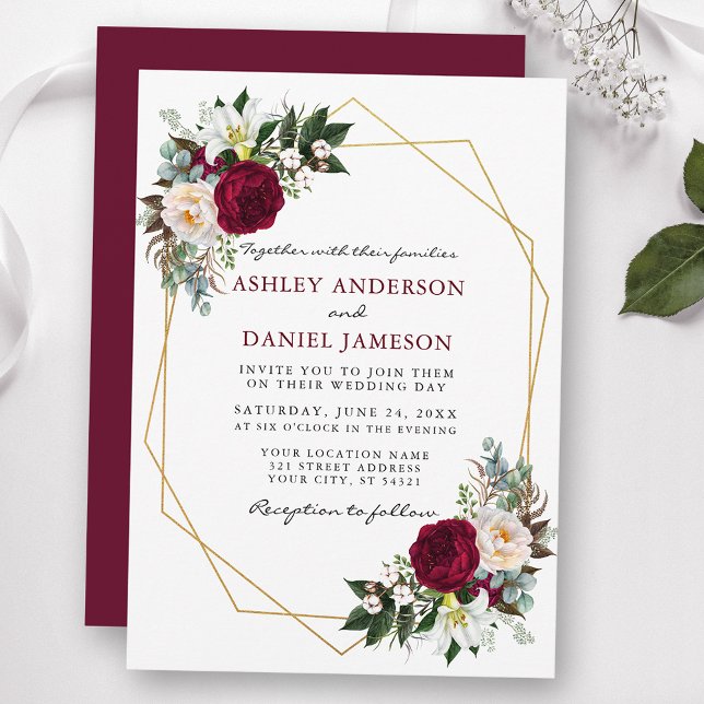 Burgundy Floral Greenery Gold Frame Wedding B Invitation (Customize to change text color, style, add text & photos to back or change color of back of card.)