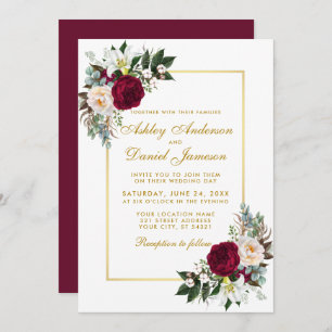 Burgundy Floral Greenery Gold Frame Wedding Invitation