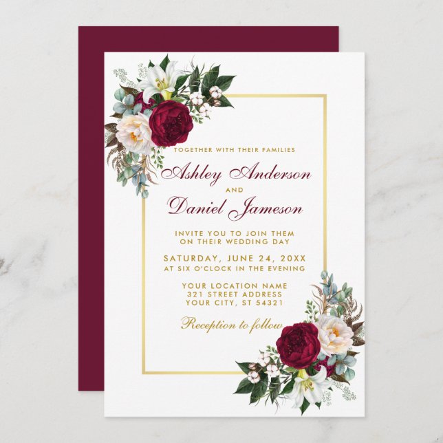 Burgundy Floral Greenery Gold Framed Wedding Invitation (Front/Back)