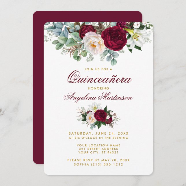 Burgundy Floral Greenery Gold Quinceanera Invitation (Front/Back)