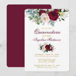 Burgundy Floral Greenery Gold Quinceanera Invitation