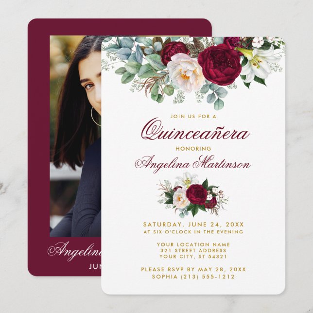 Burgundy Floral Greenery Gold Quinceanera Photo Invitation (Front/Back)