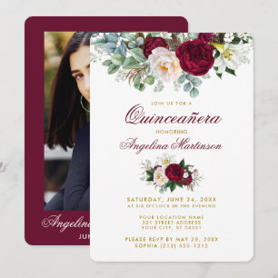 Burgundy Floral Greenery Gold Quinceanera Photo Invitation