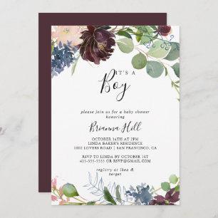 Burgundy Floral Greenery It's A Boy Baby Shower Invitation