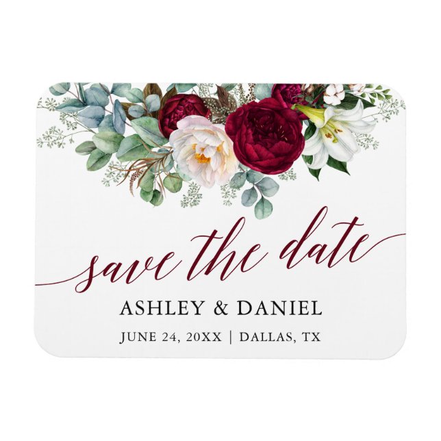Burgundy Floral Greenery Save the Date Magnet (Horizontal)