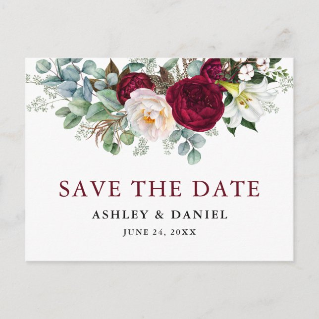 Burgundy Floral Greenery Save The Date Postcard (Front)