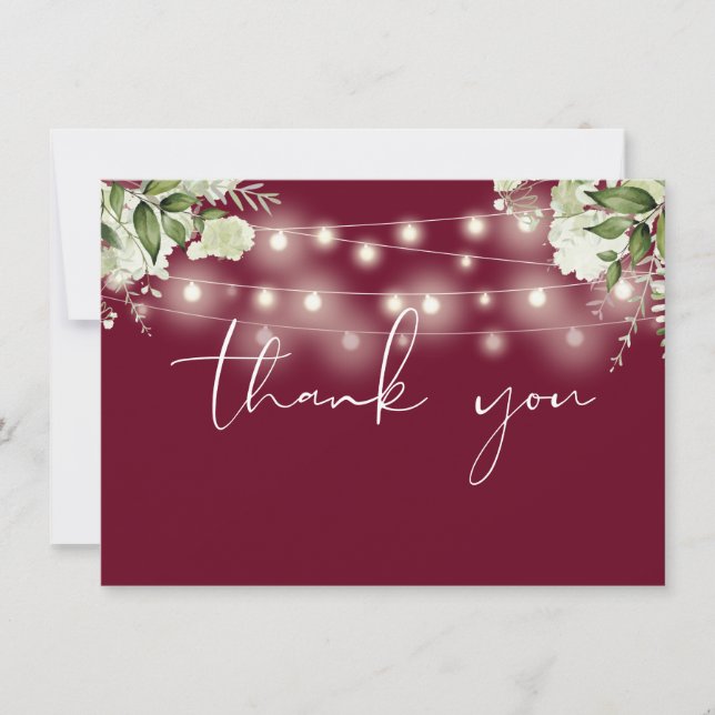 Burgundy Floral Greenery String Lights Thank You Card (Front)