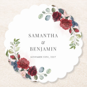 Burgundy Floral Greenery Wedding Reception Favours Paper Coaster