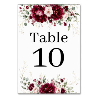 Burgundy Floral Greenery Wedding Table Number