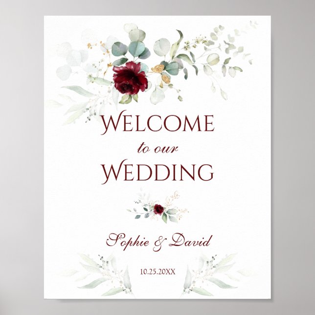 Burgundy Floral Greenery Welcome Wedding Sign (Front)