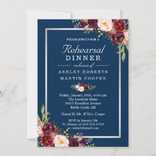 Burgundy Floral Grey Blue Wedding Rehearsal Dinner Invitation