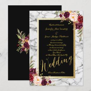 Burgundy Floral Grey Marble Gold Wedding Invitation