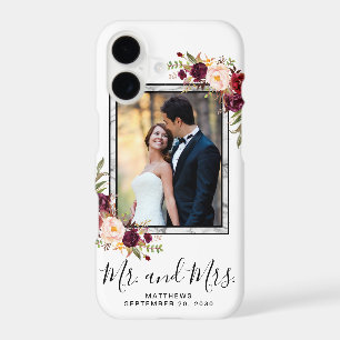 Burgundy Floral Grey Marble Script Wedding Photo