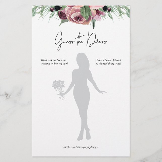 Burgundy Floral Guess the Dress Bridal Shower Game (Front)