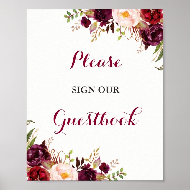 Burgundy Floral Guestbook Wedding Sign (Front)