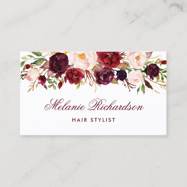 Burgundy Floral Hair Stylist Appointment Card (Front)