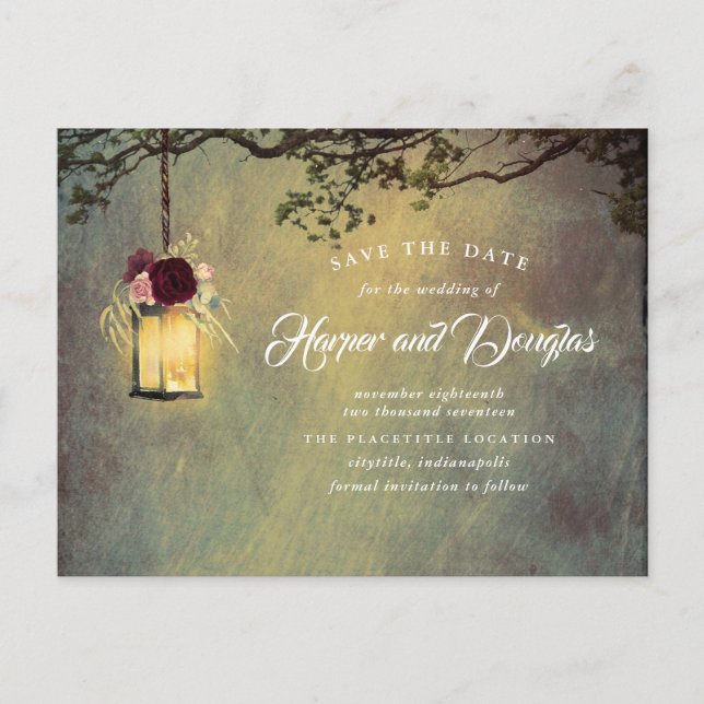 Burgundy Floral Hanging Lantern Save the Date Announcement Postcard (Front)