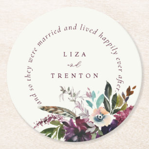 Burgundy Floral Happily Ever After Ecru Wedding Round Paper Coaster