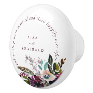 Burgundy Floral Happily Ever After Quote White Ceramic Knob