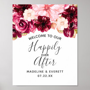 Burgundy Floral Happily ever After Welcome Sign