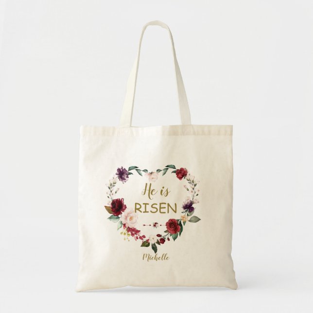 Burgundy Floral Heart Happy Easter He Is Risen Tote Bag (Front)