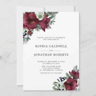 Burgundy Floral Holiday Greenery Winter Wedding Invitation