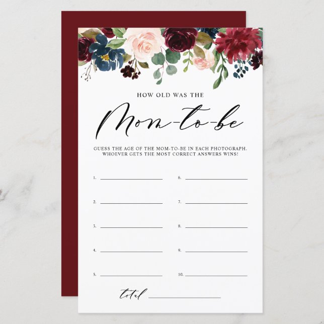 Burgundy Floral How Old Was The Mum Shower Game (Front/Back)
