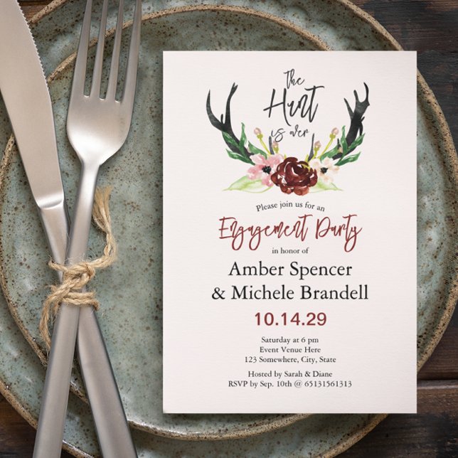 © Burgundy Floral Hunt is Over Engagement Party Invitation (Creator Uploaded)