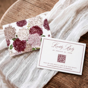 Burgundy Floral Hydrangea Fall Wedding QR Code RSVP Card