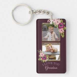 Burgundy Floral I Love You Grandma Photo Collage Key Ring