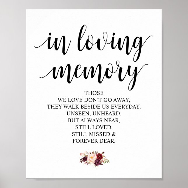 Burgundy floral In Loving Memory Memorial Sign (Front)