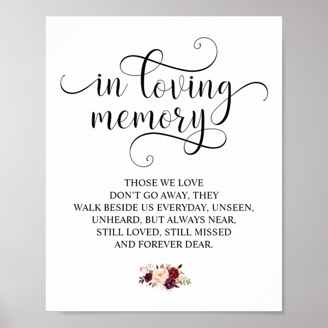Burgundy floral In Loving Memory Memorial Sign (Front)