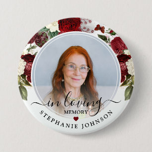 Burgundy Floral In Loving Memory Photo Memorial 7.5 Cm Round Badge