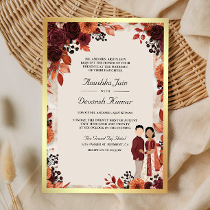 Burgundy Floral Indian Couple Wedding Invitation