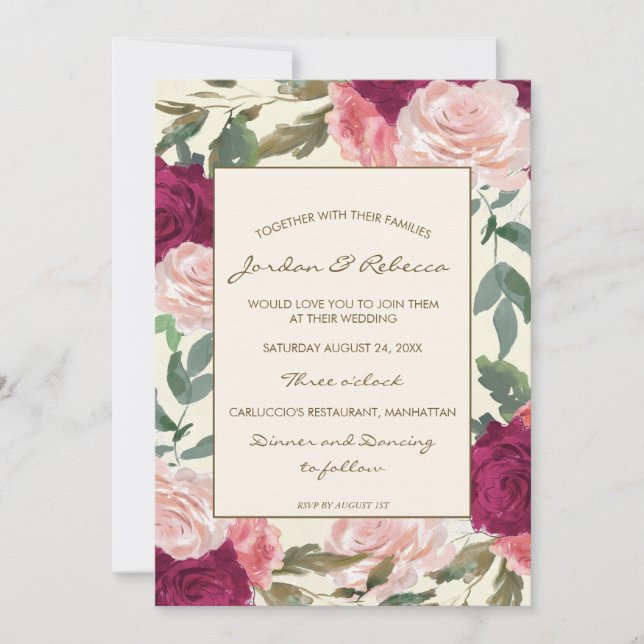 Burgundy floral ivory wedding or shower invitation (Front)