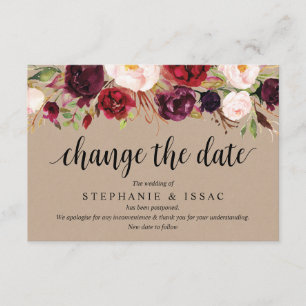 Burgundy Floral, Kraft, Black, Wedding postpone Enclosure Card
