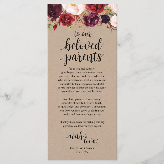 Burgundy Floral Kraft Place Setting Thank You Card (Front)