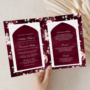 Burgundy Floral Lace All in One Indian Wedding Invitation